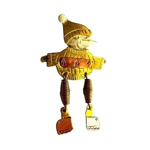 Vintage Snowman Penguin Brooch Brass Copper Silver Tone Pin Winter Movement